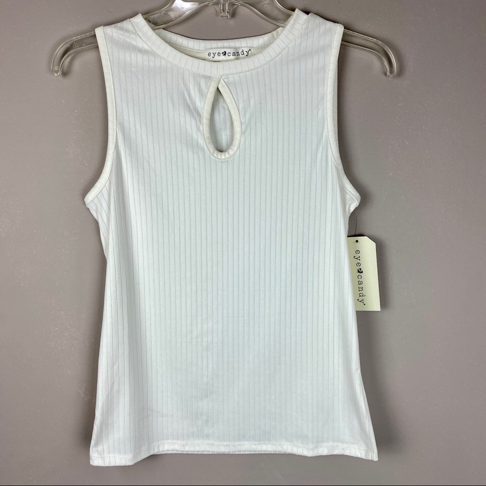Eye Candy Sleeveless Ribbed White Keyhole Shirt